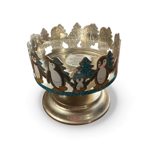 Bath & Body Works Dancing Penguins 3 Wick Candle Holder Pedestal Silver Tone - Picture 3 of 4